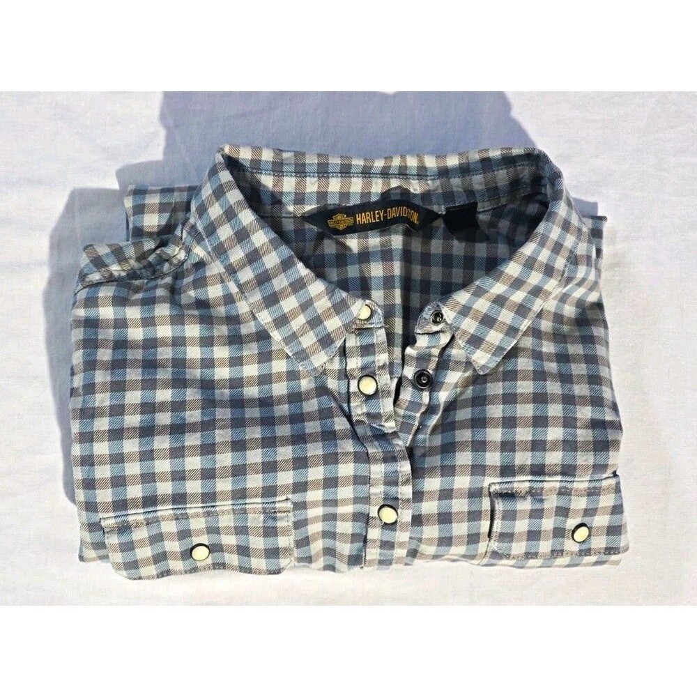 Harley-Davidson Womens 2XL Gray White Plaid Long Sleeve Button-Up Shirt Pockets